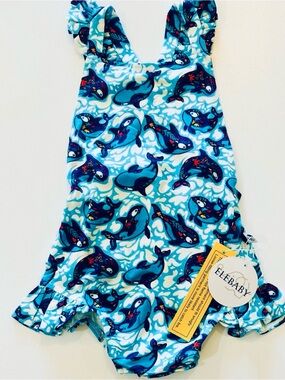 Blue Whale Print Girls One-Piece Bamboo Ruffle Bubble